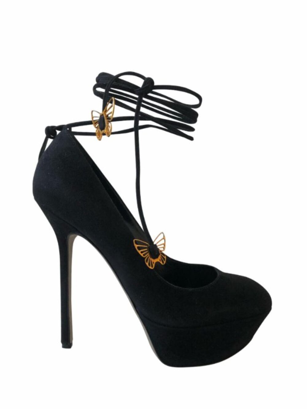 Sergio Rossi High Heel Shoes Platform Lace Up Suede Butterfly Gold Black Size 9